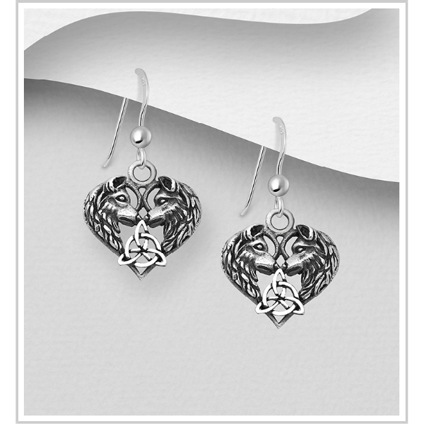 925 Sterling Silver Oxidised Heart, Trinity and Wolf Hook Earrings