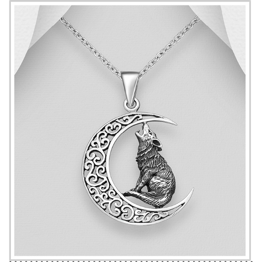 925 Sterling Silver Oxidised Moon and Wolf Pendant with 925 Stirling Silver Necklace