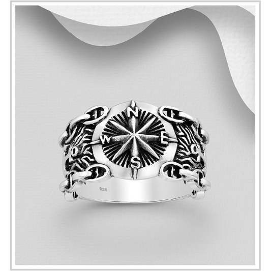925 Sterling Silver Oxidised Compass And Anchor Ring